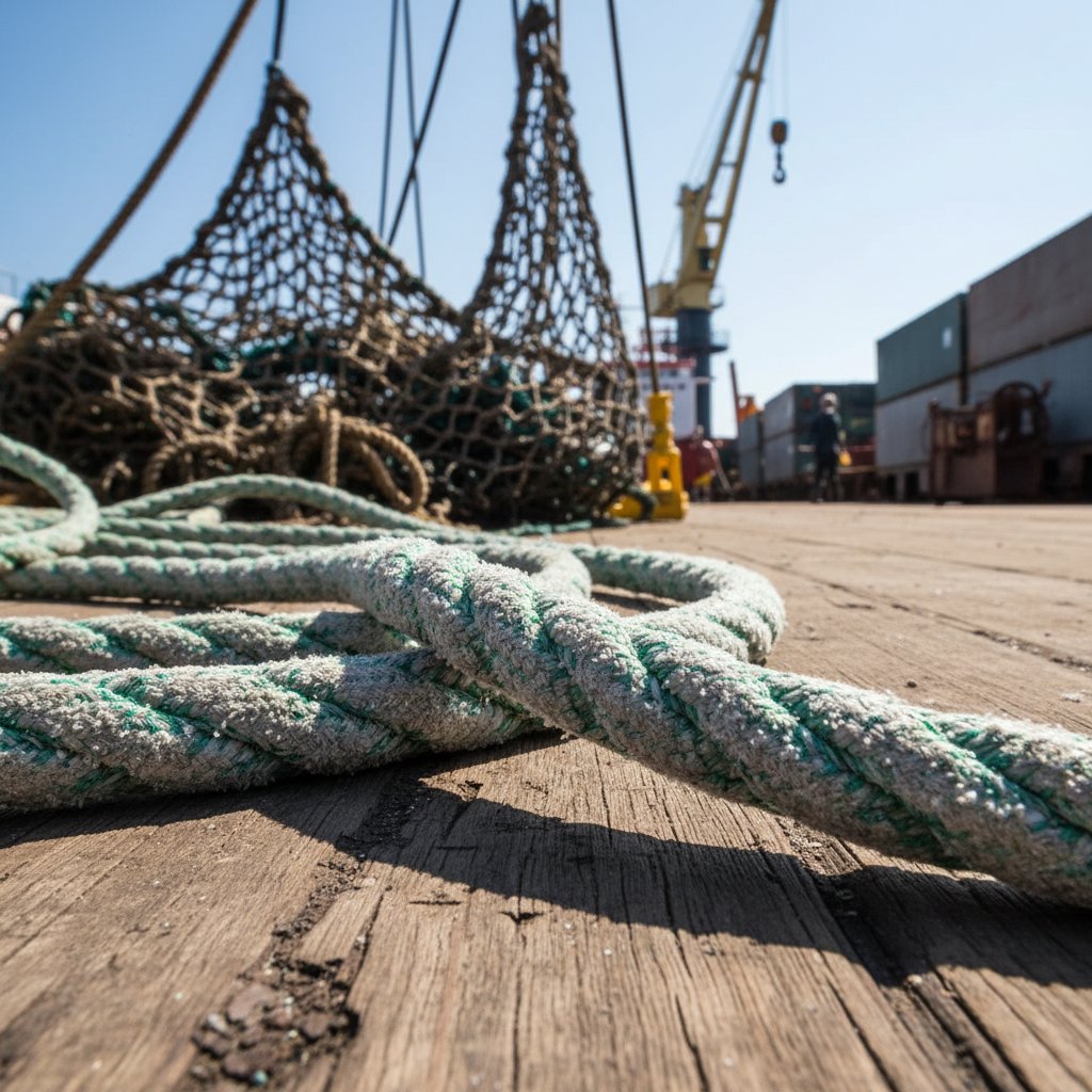Bliski widok ciężkiej liny nylonowej roboczej zwiniętej na pokładzie morskim, pokazującej splot i zasolonowaną powierzchnię pod ostrym słońcem, z sieciami ładunkowymi i olinowaniem statku w tle dla kontekstu przemysłowych zastosowań morskich