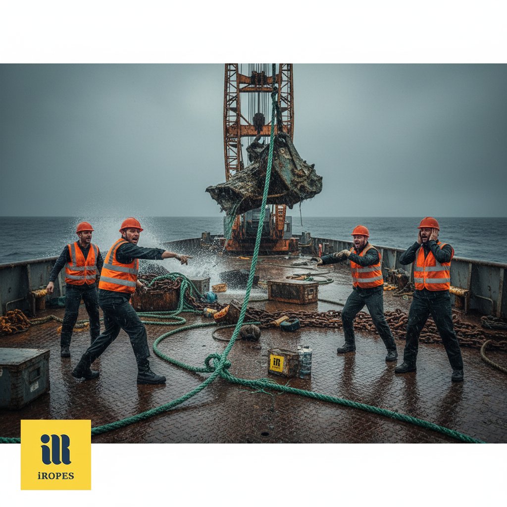 Morska budowa z awarią liny roboczej podczas podnoszenia ładunku, pokazująca pękniętą linę i rozsypany sprzęt na pokładzie barki pośród wzburzonych fal i pochmurnego nieba, podkreślająca zagrożenia słabego sprzętu w warunkach przemysłowych