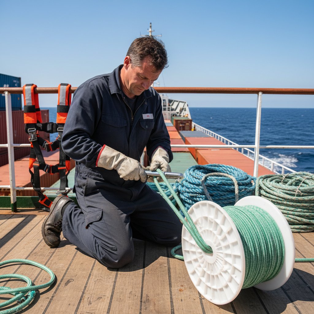 Zawodowy pracownik na pokładzie morskim demonstrujący splicing liny roboczej ciężkiej, ręce starannie wplatające włókna wokół metalowej tulei w jasnym świetle dziennym, otoczone zwiniętymi linami i uprzężami bezpieczeństwa, ilustrujące precyzyjną pracę z linami w zastosowaniach przemysłowych