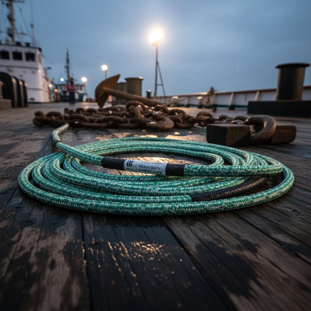 Spersonalizowana lina robocza iRopes z osłonami na ścieranie i odblaskowymi paskami zwinięta obok sprzętu ładunkowego morskiego na pokładzie statku, pod jasnymi światłami portu pokazująca splot i oznakowanie marki dla przemysłowej personalizacji w wilgotnych, surowych warunkach
