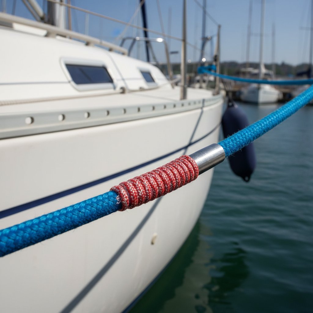 Mavi bir deniz halatının etrafına sarılı sürtünme koruyucusunun tekne gövdesine karşı yakın çekimi, halatın döngü ucunda burbak görülüyor, demirleme senaryosunda pürüzsüz entegrasyon ve koruma gösteriyor
