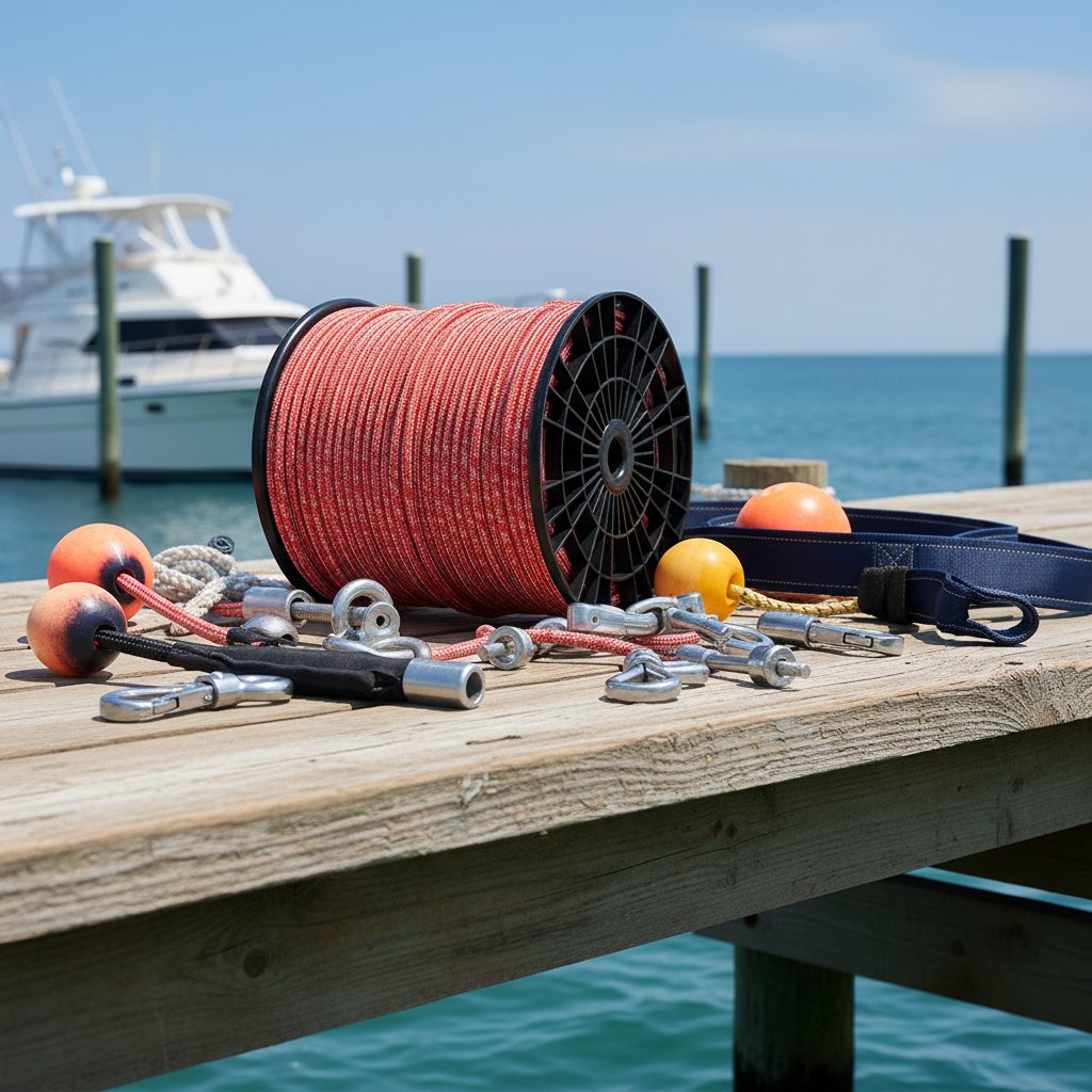 Şakıllar, hızlı konektörler, çekme koşumları ve şamandıralar içeren deniz halatı aksesuarları karışımı, arka planda bulanık bir tekne ile ahşap bir iskeleye dizilmiş, boyut varyasyonları ve güvenli uyumları gösteriyor