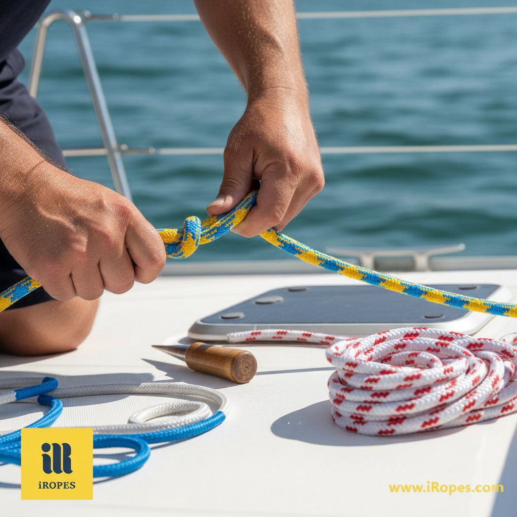 ایک سیلر کا قریب سے نظارہ جو یاٹ پر بریڈ والی جہاز رانی کی رسی پر آئی جوڑ کر رہا ہے، الجھے دھاگوں اور قریب فِڈ جیسے اوزار دکھاتے ہوئے، روشن دھوپ میں سمندری لہروں کے پس منظر میں