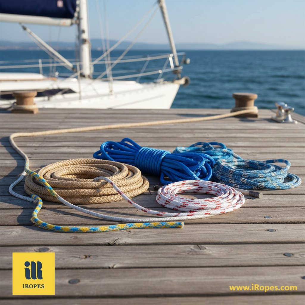 لمبی لکڑی کے ڈاک پر لپٹی ہوئی مختلف سمندری رسیاں، جن میں تانے رنگ کی تین سِٹْرَیْنڈ پولی اسٹر، نیلی ڈبل بریڈ نائلان، اور سفید پتلی ڈائنیما لائن شامل، نرم فوکس پس منظر میں جہاز کی rigging اور سمندری افق