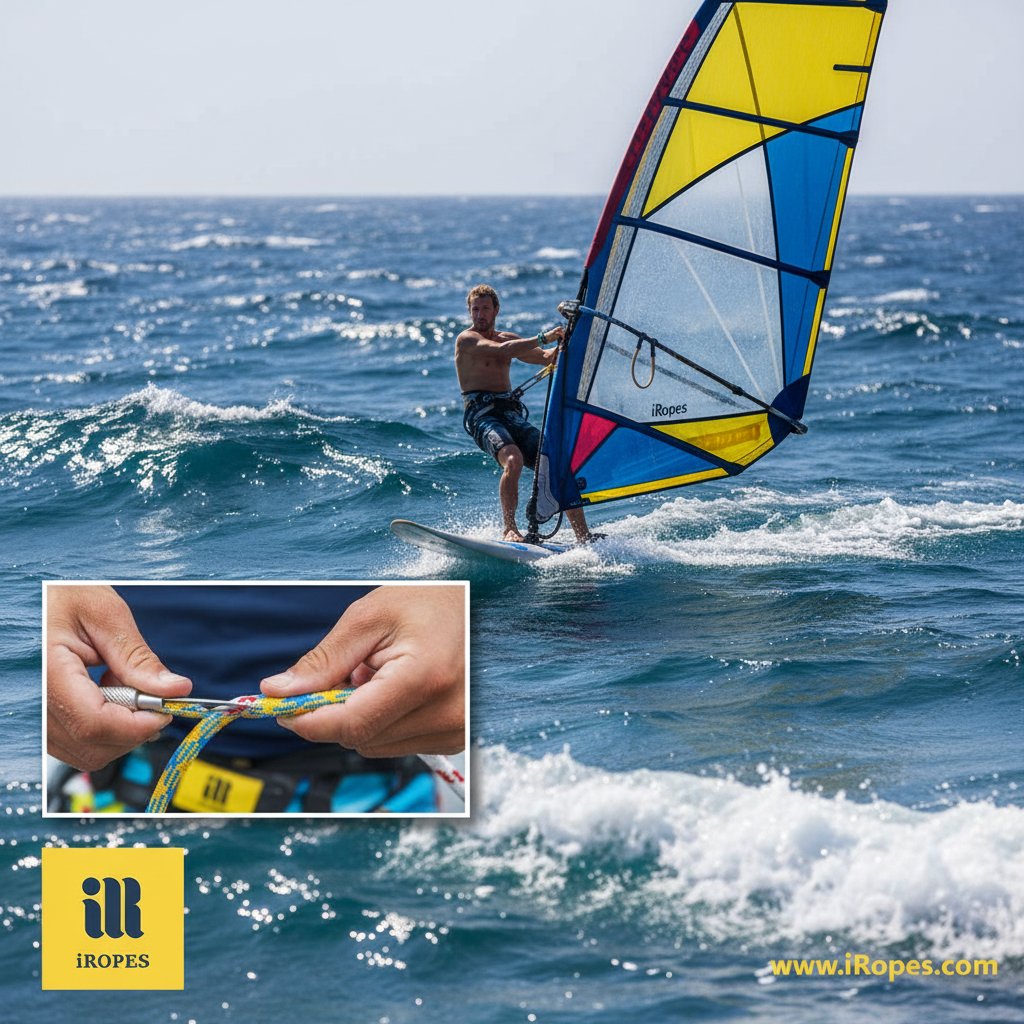 پانی پر ونڈ سرفر اپھال کے لیے ڈائنیما رسی پر آئی جوڑ کر رہا ہے، ہوا میں پھیلا ہوا بادبان، قریب ہی نیلی سمندری لہریں ٹکرا رہی، اور قریب سے ان سیٹ فِڈ دھاگوں کو داخل کرتا دکھا رہا