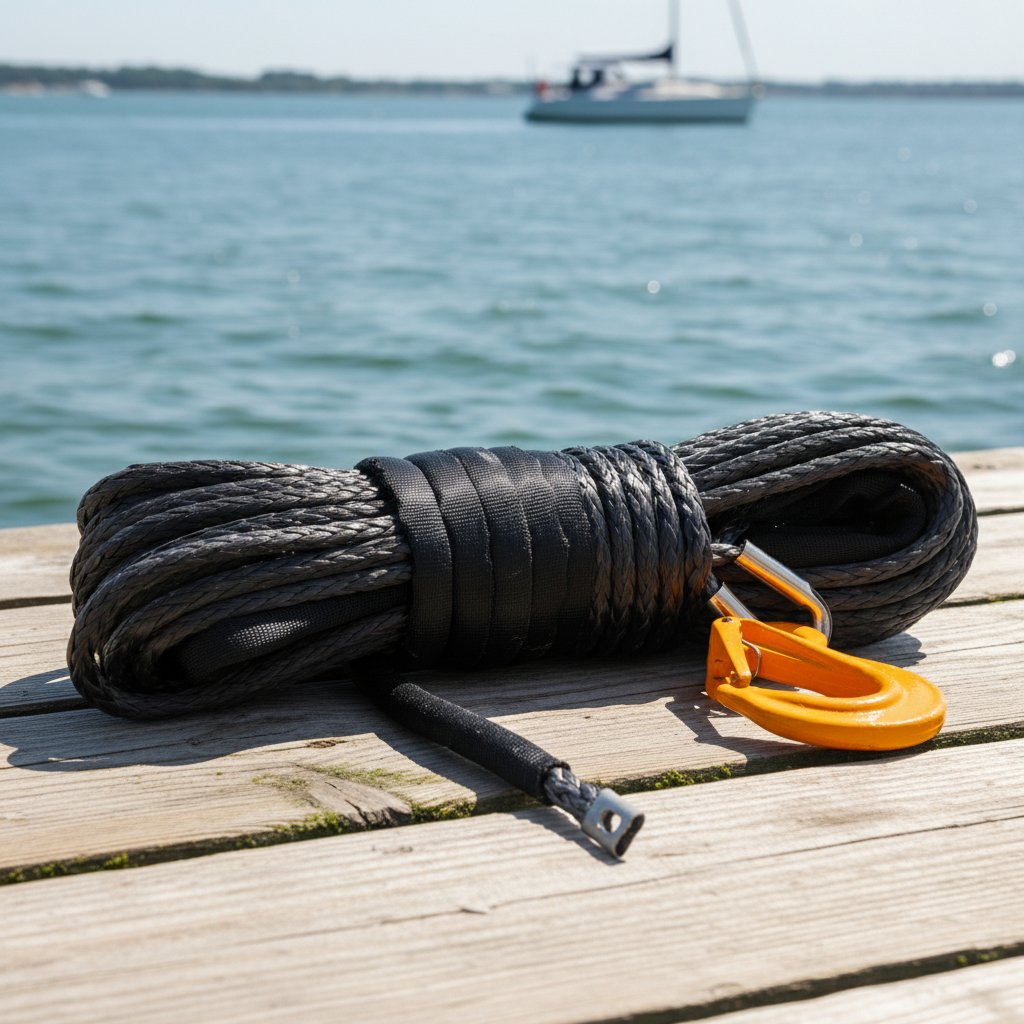 উচ্চ-গুণমানের সমুদ্রের রশির ক্লোজ-আপ, ব্রেডেড নির্মাণ দেখানো যায় দৃশ্যমান ফাইবার পবিত্রতা এবং UV এবং ঘর্ষণের বিরুদ্ধে সুরক্ষামূলক কোটিং সহ নৌ-পরিবেশে