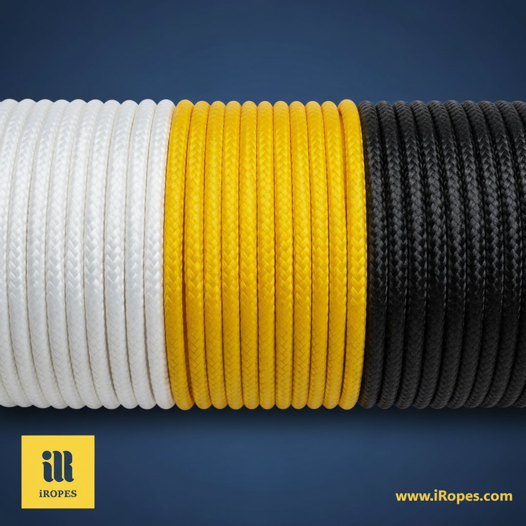 কয়েল করা উচ্চ-শক্তির দড়ির ক্লোজ-আপ যার মধ্যে সাদা এইচএমপিই, হলুদ আরামিড এবং কালো কার্বন ফাইবার ভ্যারিয়েন্ট, নৌ-নীল ব্যাকগ্রাউন্ডের বিরুদ্ধে তাদের মসৃণ টেক্সচার এবং রঙের পার্থক্য দেখিয়ে সামুদ্রিক ব্যবহারের জন্য