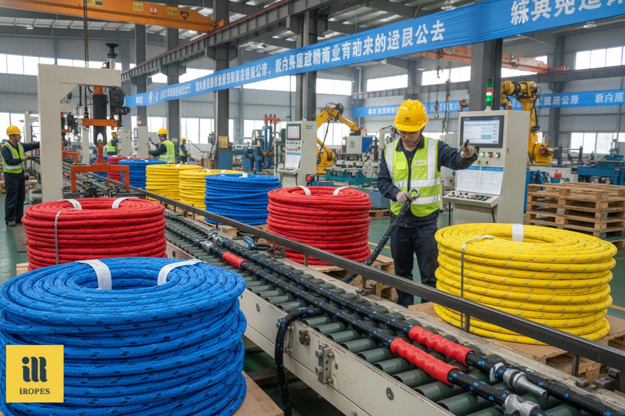 প্রোডাকশন লাইনে বিভিন্ন রঙ এবং ফিটিংস সহ কাস্টমাইজড মেরিন দড়ি ডিসপ্লেড, লুপড এন্ড এবং ব্রেইডেড লাইনে থিম্বল সহ, আধুনিক চাইনিজ ম্যানুফ্যাকচারিং ফ্যাসিলিটির ব্যাকড্রপে ফ্যাক্টরি টুল এবং কোয়ালিটি কন্ট্রোল চার্টের বিরুদ্ধে।
