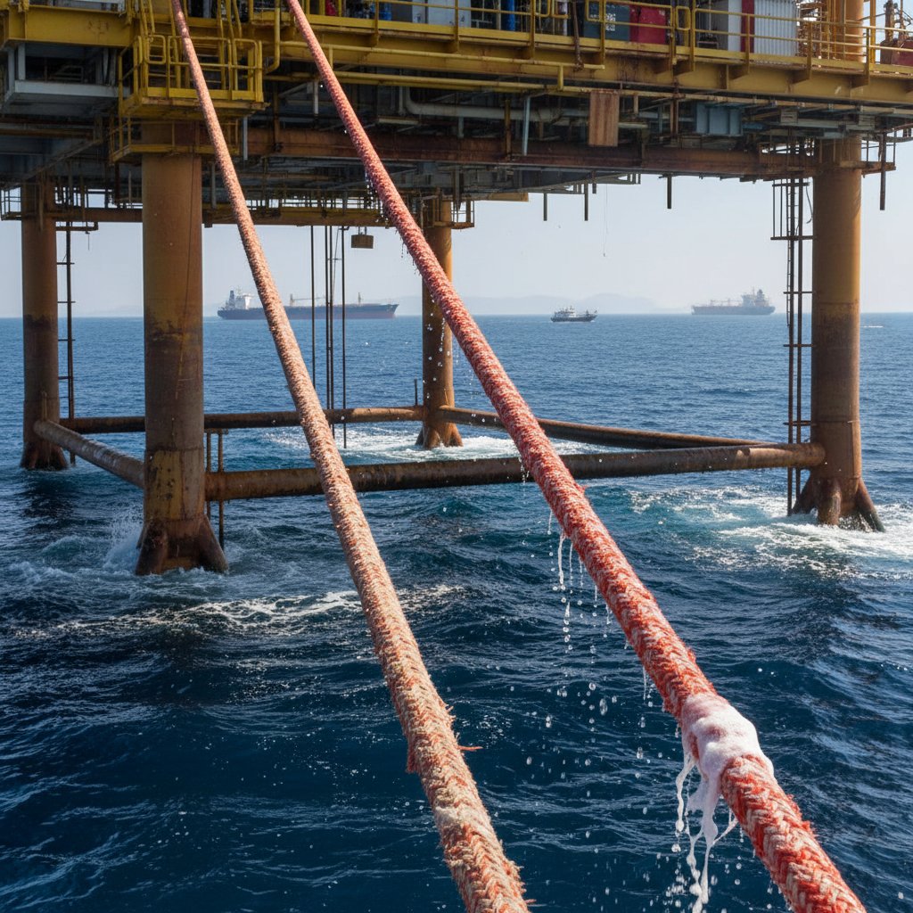 A rugged offshore platform anchored by thick synthetic ropes amid choppy blue seas under a bright sun, showcasing durability against saltwater and UV exposure with vessels in the background.