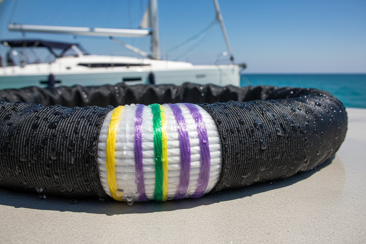 Detailed cross-section of a polyester round sling showing high-strength inner yarns wrapped in a smooth woven jacket, with marine water droplets on the surface and a yacht mast in the background to illustrate durability in saltwater environments under bright sunlight.