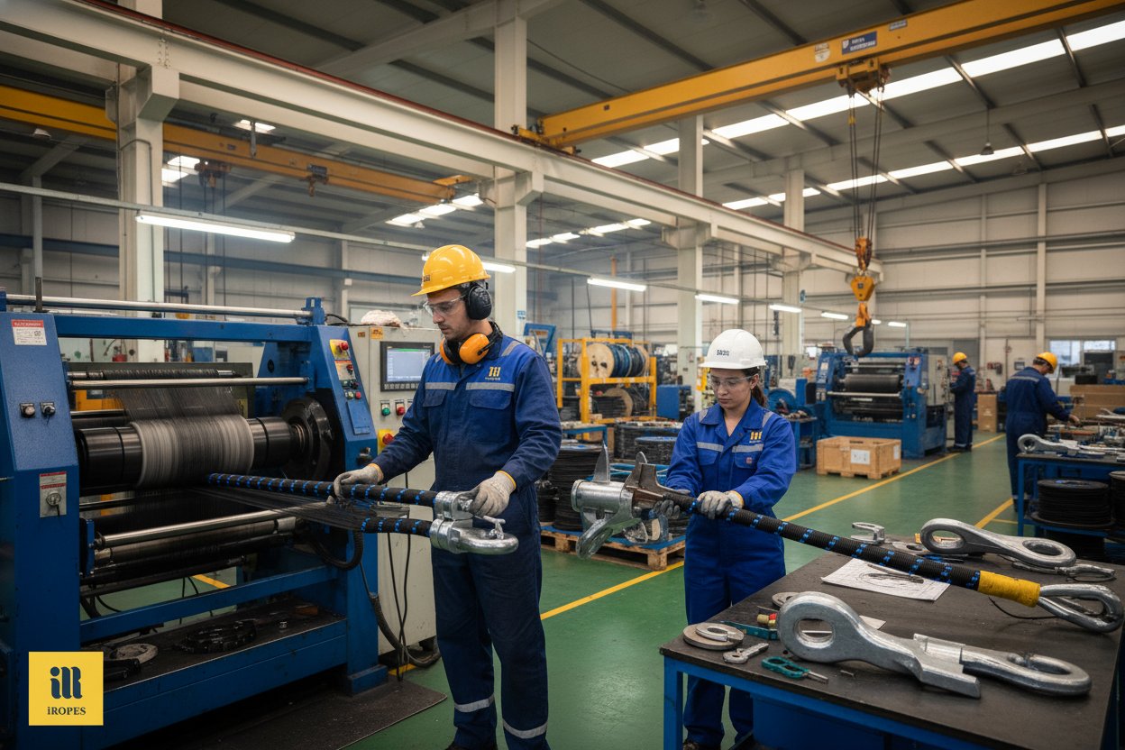 Custom polyester cargo sling with branded fittings being assembled in a factory, workers adjusting dimensions on machinery amid organized tools and quality checks, warm lighting highlighting precision weaves