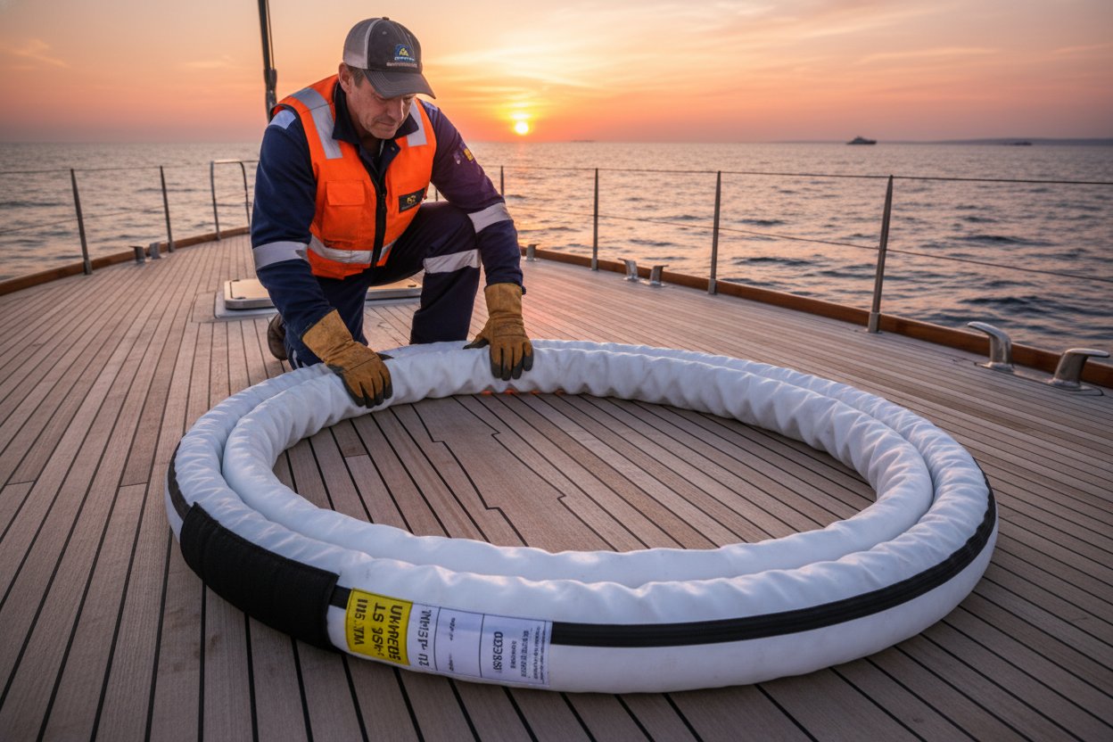 Marine worker inspecting a protected lifting sling on a yacht deck during sunset, highlighting durable UHMWPE sleeve shielding against UV rays and saltwater exposure while maintaining full load capacity