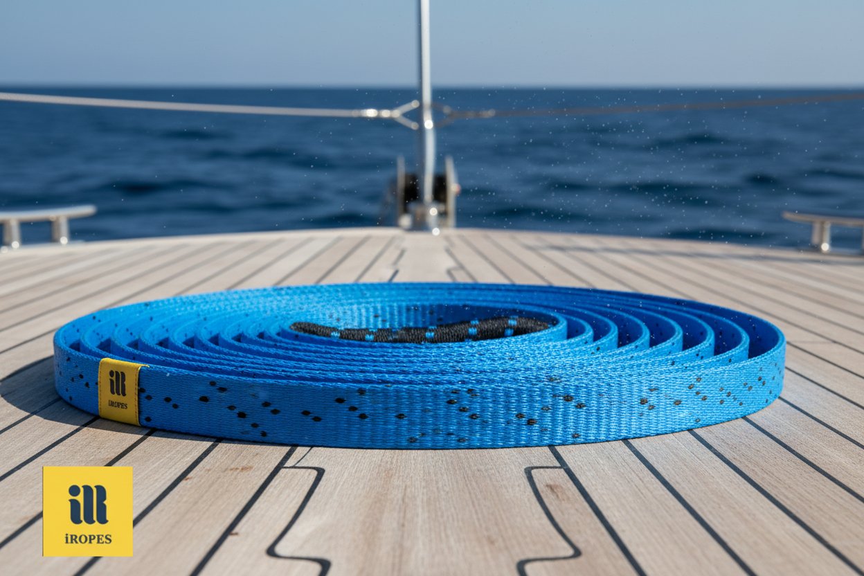 A close-up of a blue polyester lifting sling coiled on a yacht deck, showing its smooth webbing texture against the wooden surface and ocean backdrop, highlighting its resistance to salt and sun in a dynamic marine scene