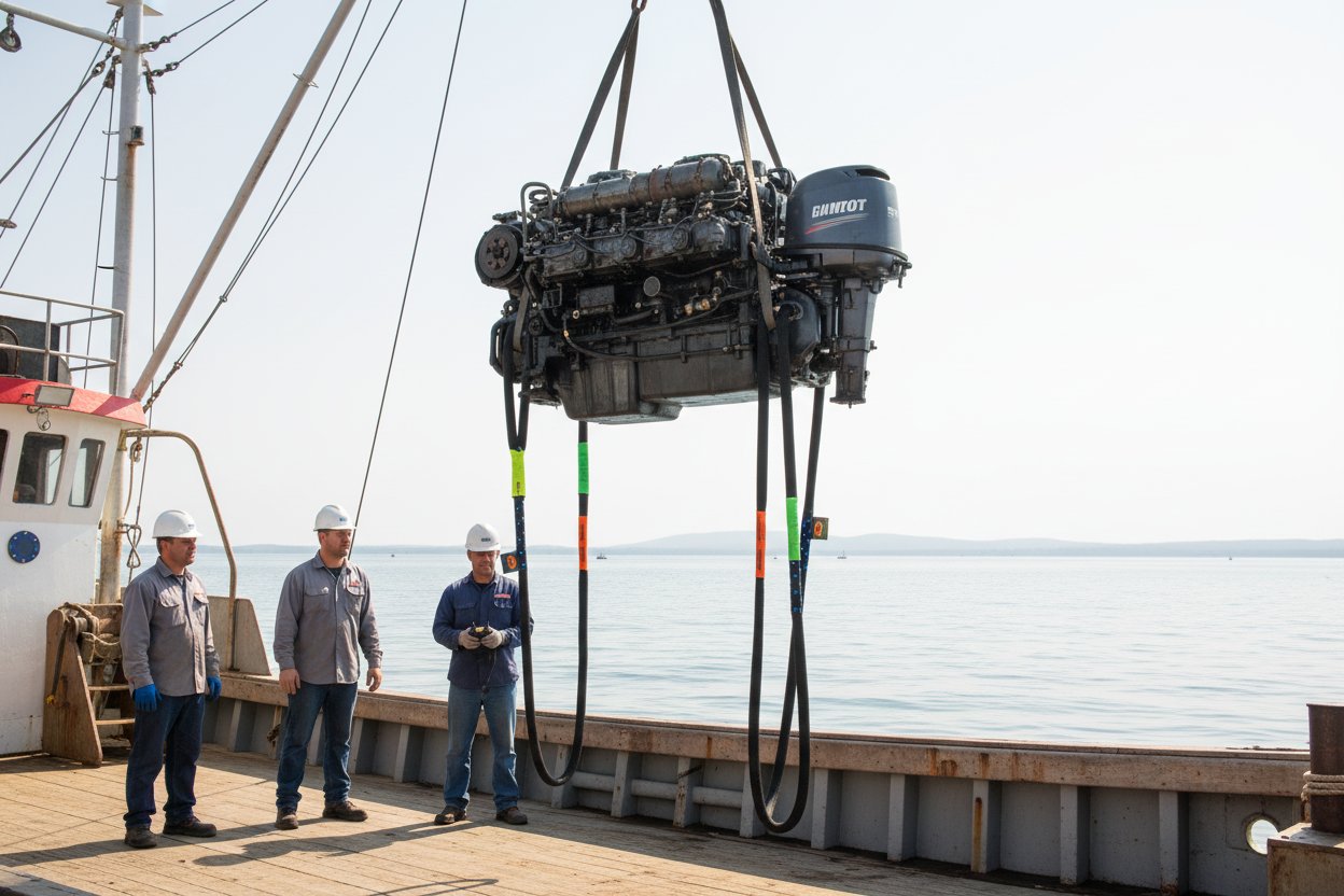 A polyester sling in a basket hitch lifting a marine engine from a boat deck, with clear tension lines and safety tags visible against a salty ocean horizon, showing even load distribution in a practical saltwater scenario