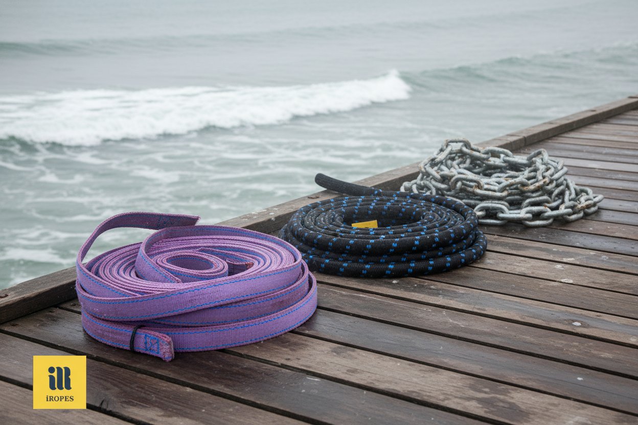 Assorted lifting slings including flat web, tubular round, and linked chain types coiled on a marine dock with ocean waves in the background, showing durable materials against saltwater corrosion