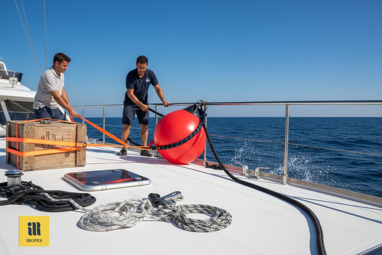 Web and round slings in use on a yacht deck, showing flat webbing securing a crate and tubular round gripping a curved buoy amid ocean spray and ropes, illustrating flexibility and protection in saltwater conditions
