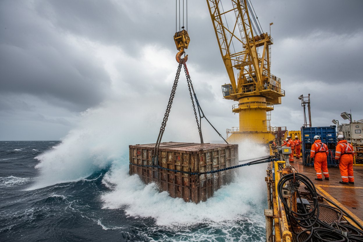 Heavy-duty alloy chain sling in action on an offshore platform, linking a crane to a large metal load amid crashing waves and rusty equipment, showcasing linked steel resisting abrasion and heat in a salty, industrial marine setting