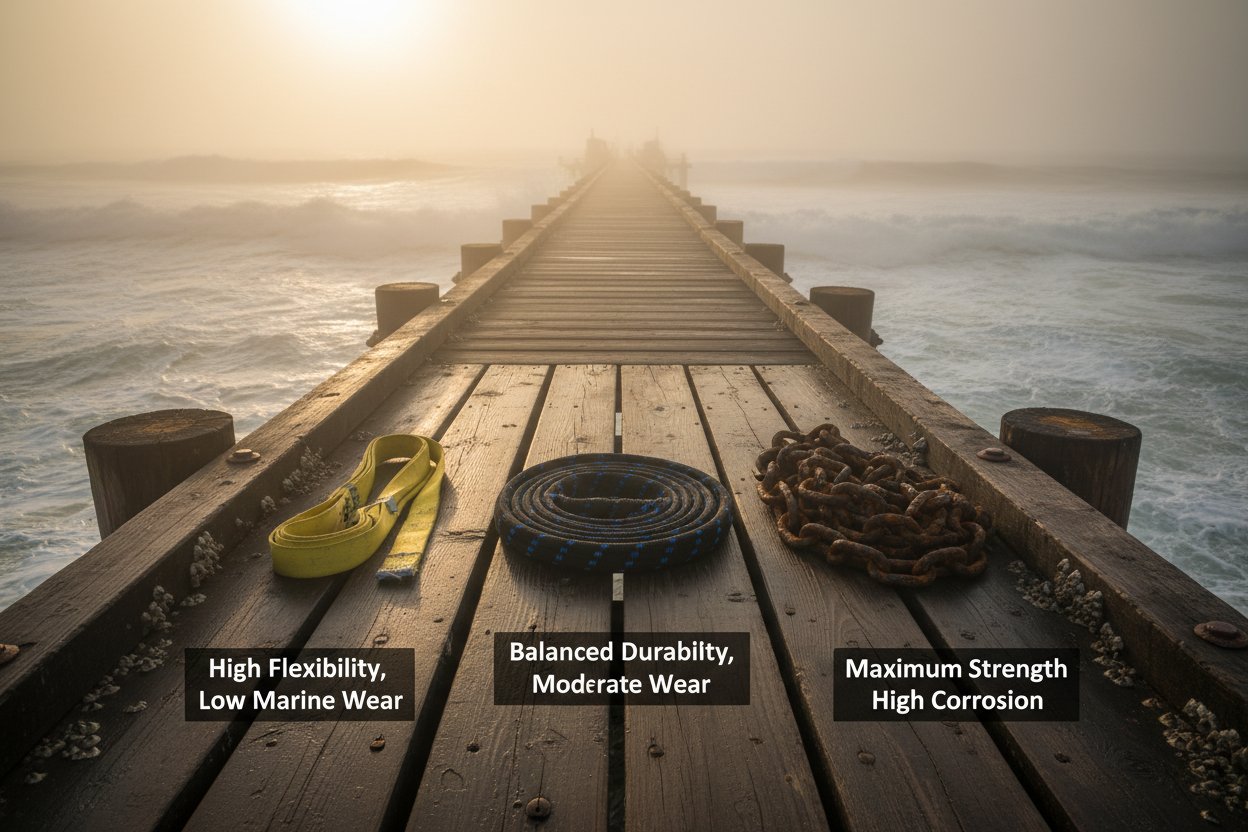 Side-by-side comparison of web, round, and chain slings coiled on a weathered pier with ocean horizon, labels highlighting flexibility differences and marine wear patterns on each type under salty mist