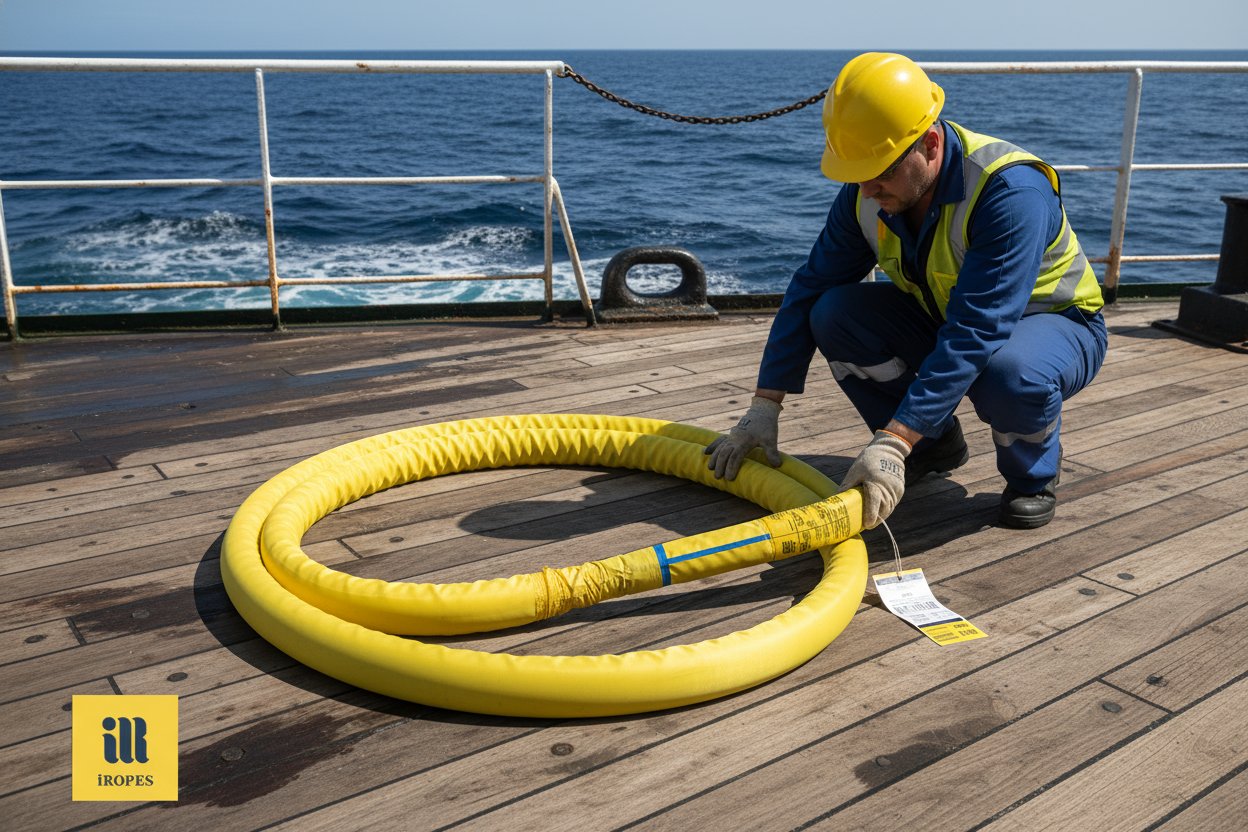 A coiled yellow round sling on a weathered ship deck, highlighting its smooth tubular polyester body, vibrant color against blue water and steel rails, with visible flexibility in the loops and protective cover intact for heavy marine lifting.