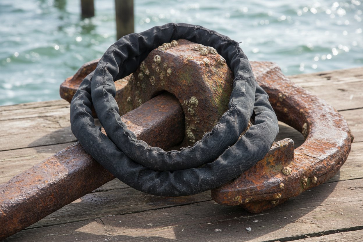 Worn equipment lifting strap showing UV damage, corrosion spots from saltwater, and frayed edges from abrasion on a rusty anchor in a marine dock setting with waves in the background