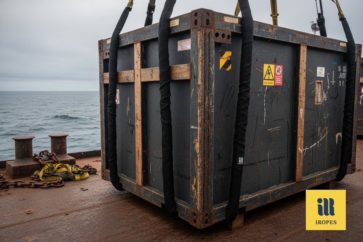 Close-up of a synthetic polyester rigging choker looped around a marine cargo load on a ship deck, showing its flexible weave and water-resistant sheen under overcast skies with ocean waves in the background