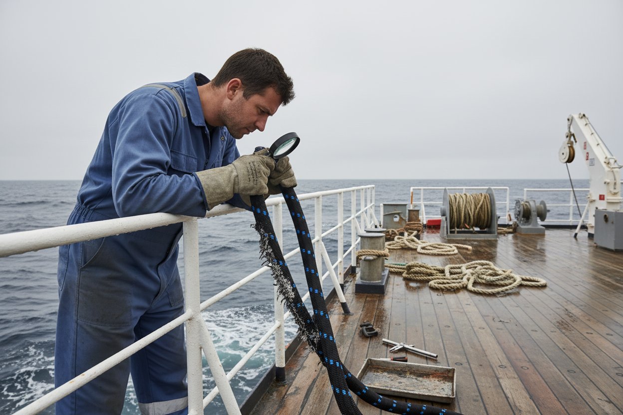 Ispezione dettagliata di un fondo da sollevamento da 2 tonnellate usurato sul ponte di un'imbarcazione marino che mostra un tecnico che controlla sfilacciature e accumulo di sale sotto cieli nuvolosi con corde arrotolate e attrezzi sparsi intorno