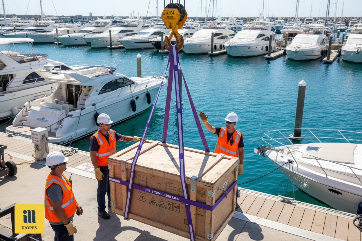 Customized purple 1 ton lifting sling with reflective strips and thimbles attached, lifting a yacht accessory crate on a sunny marina dock with vessels in the background, workers in safety gear nearby, showing tailored fit for marine use.
