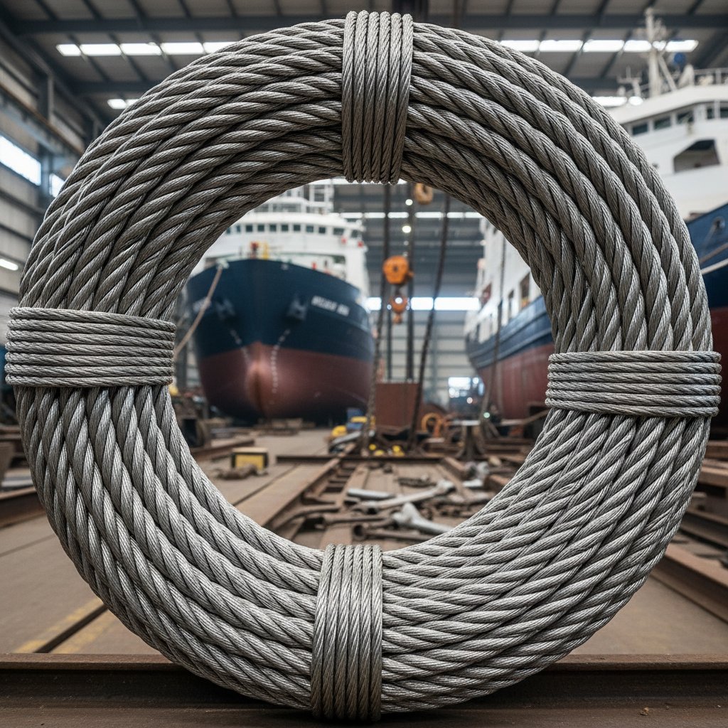 Gros plan d’une élingue grommet en câble enroulée montrant sa boucle sans fin et sans couture, avec des brins métalliques luisants sous un éclairage industriel, soulignant la structure équilibrée pour les applications de levage lourd en milieu marin.