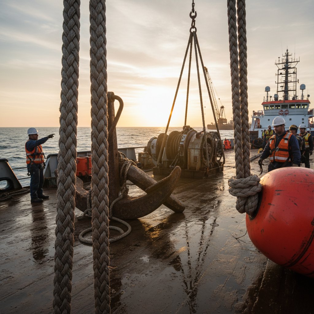 Schéma d’une élingue grommet dans diverses configurations incluant un levage vertical droit avec répartition pleine de la charge, un étranglement autour d’une charge marine cylindrique comme une bouée montrant une capacité réduite due à la courbure, et une configuration panier berçant un équipement lourd avec des branches doublées pour une stabilité accrue en offshore.