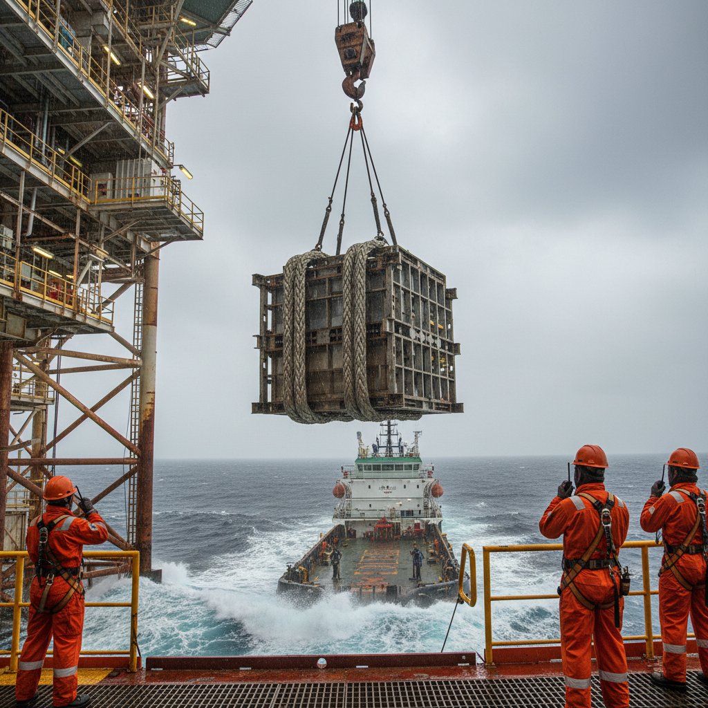 Scène sur une plate-forme offshore avec une élingue grommet hissant un grand module d’acier depuis un navire ravitailleur, vagues s’écrasant à proximité, travailleurs en équipement de sécurité surveillant la boucle sans fin équilibrée en action sous un ciel gris pour une ambiance authentique de construction marine.