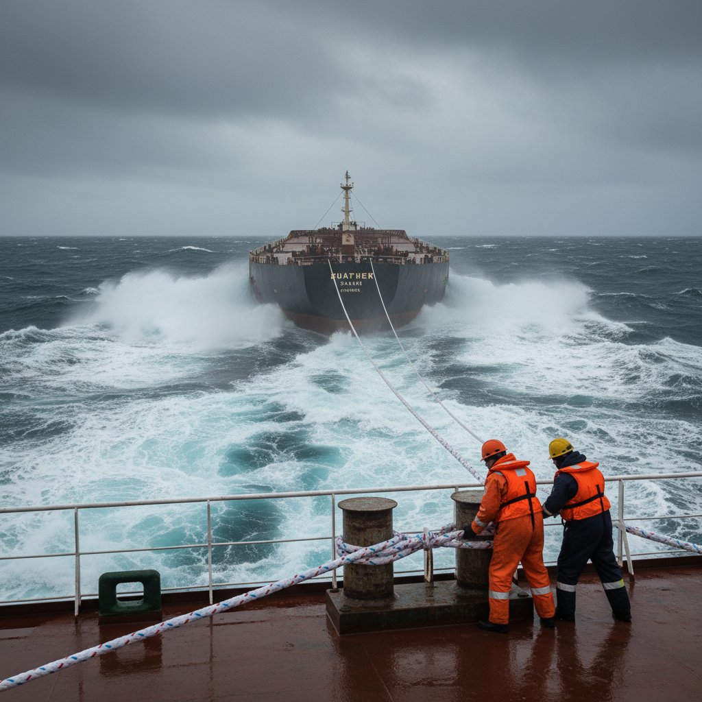 Толстый восьмипрядный полиэстеровый швартовый трос под натяжением на танкере в море, с волнами неподалеку и членами экипажа, закрепляющими его к битенгшпилю, подчеркивающий твердый захват и минимальное растяжение в серых тонах на фоне океанского синего