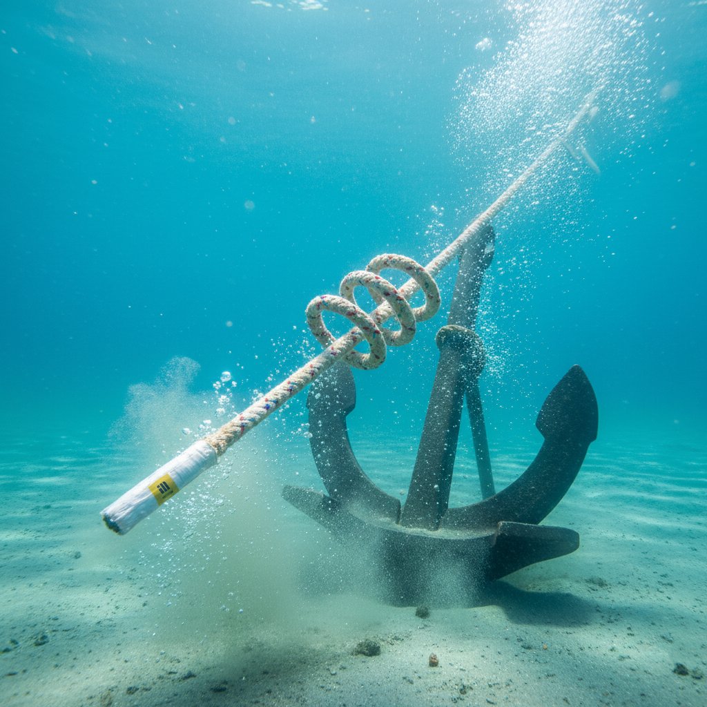 Детальный снимок восьмипрядного полиэстерового троса, погруженного в прозрачную океанскую воду, иллюстрирующий его склонность к погружению с видимыми натянутыми прядями и текстурой волокон высокой прочности в натуральных тонах, окруженный морским илом и поднимающимися пузырьками для динамичной подводной перспективы