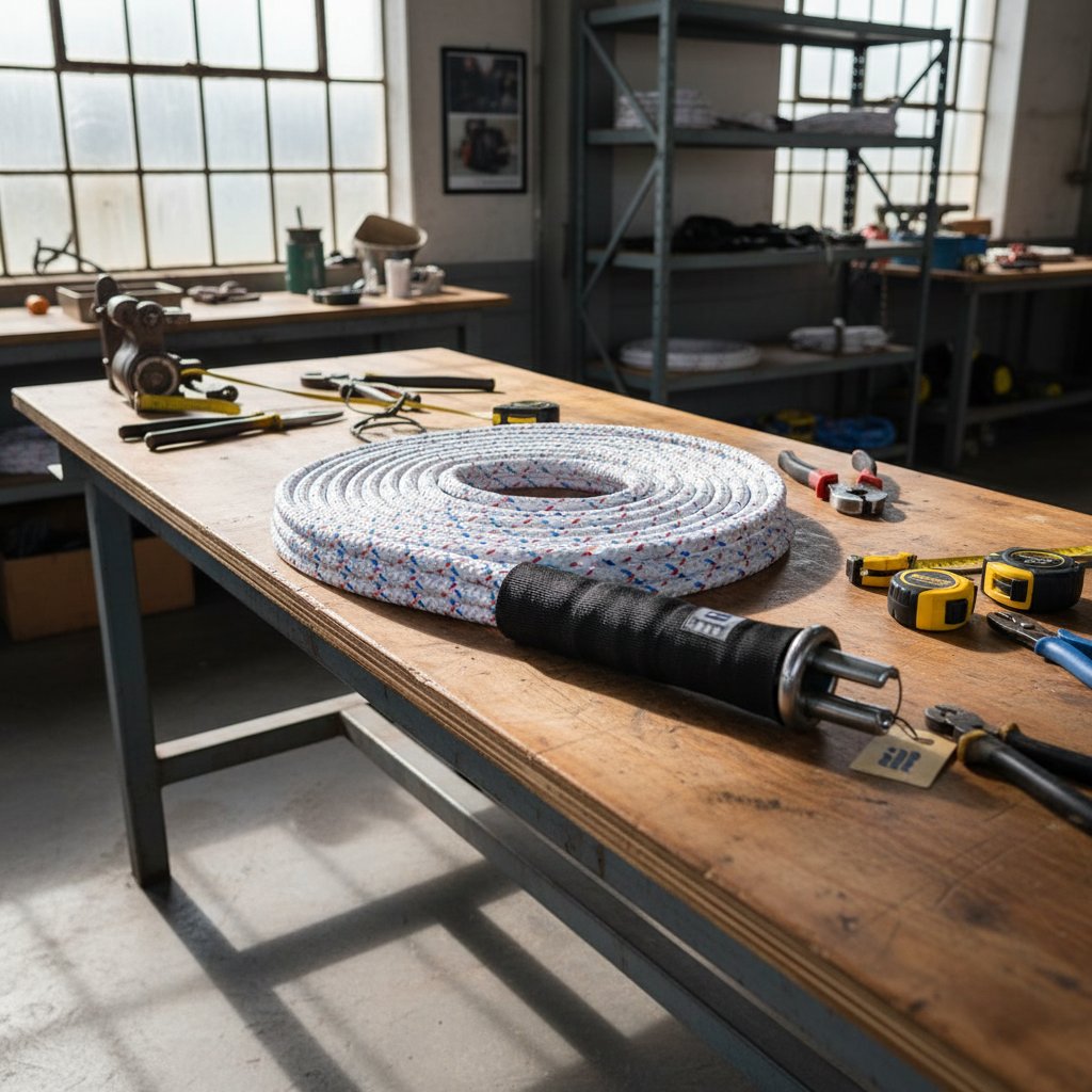 Кастомизированный восьмипрядный швартовый трос с оплёткой, тимблом и защитной муфтой, аккуратно свитый на верстаке мастерской с инструментами поблизости, показывающий разные цвета вроде синего и белого на чистом промышленном фоне с естественным светом для ощущения точного производства