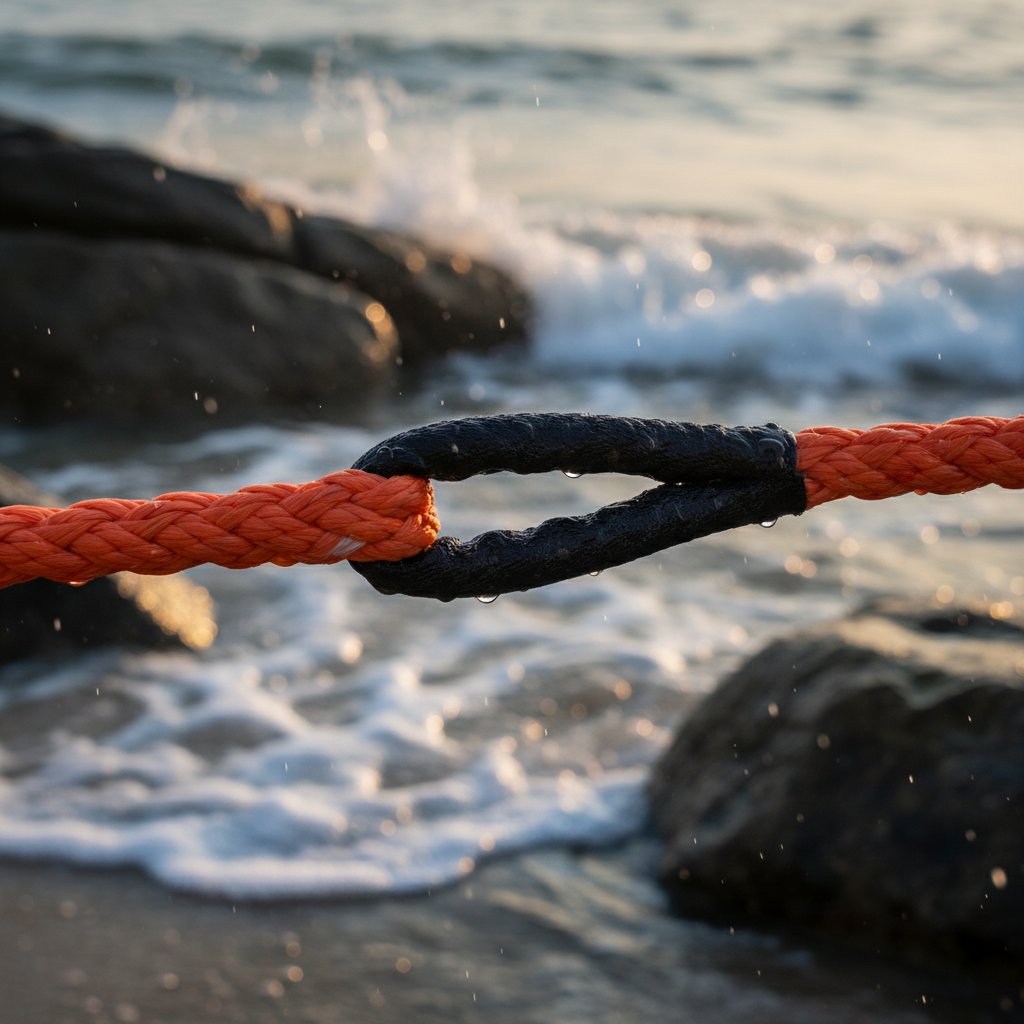 编织海洋绳索安全眼形编接的特写，展示受拉张力下的交织股线，背景是海洋波浪，强调强度和无缝整合而无可见绳结。
