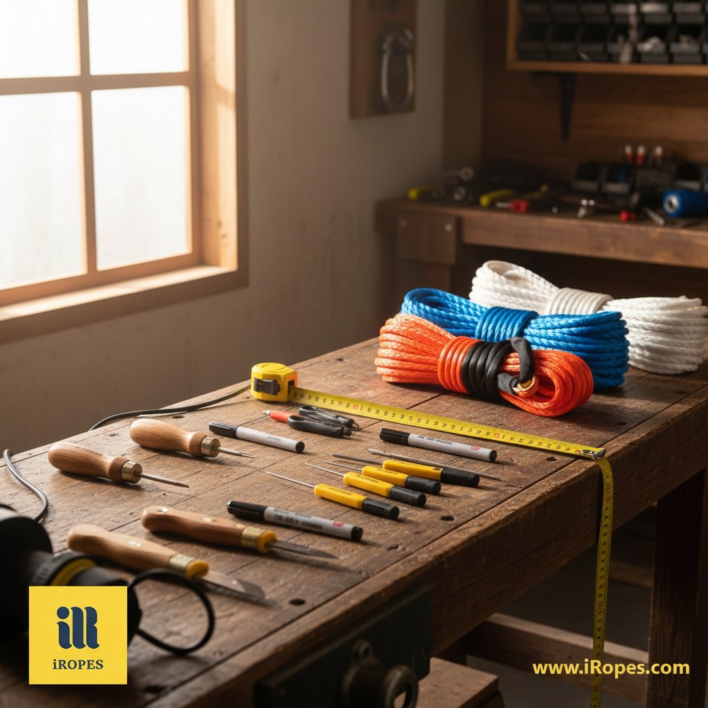 编接工具阵列，包括Selma fids、D-Splicers、锋利刀具、标记笔和热刀，排列在木工台上，旁边是蓝色和白色盘绕的编织绳，附近有卷尺，在自然光下捕捉海洋编接的有序准备。