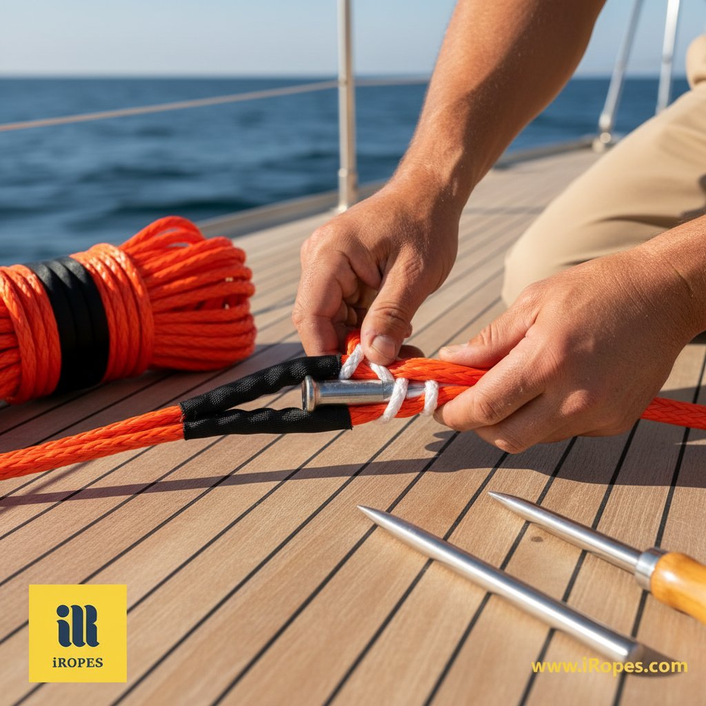 双手在双编绳上进行眼形编接，核心和外层在中途塞入可见，插入护圈，在阳光照射的甲板上俯瞰平静海水，突出精确编织的海洋耐用性。