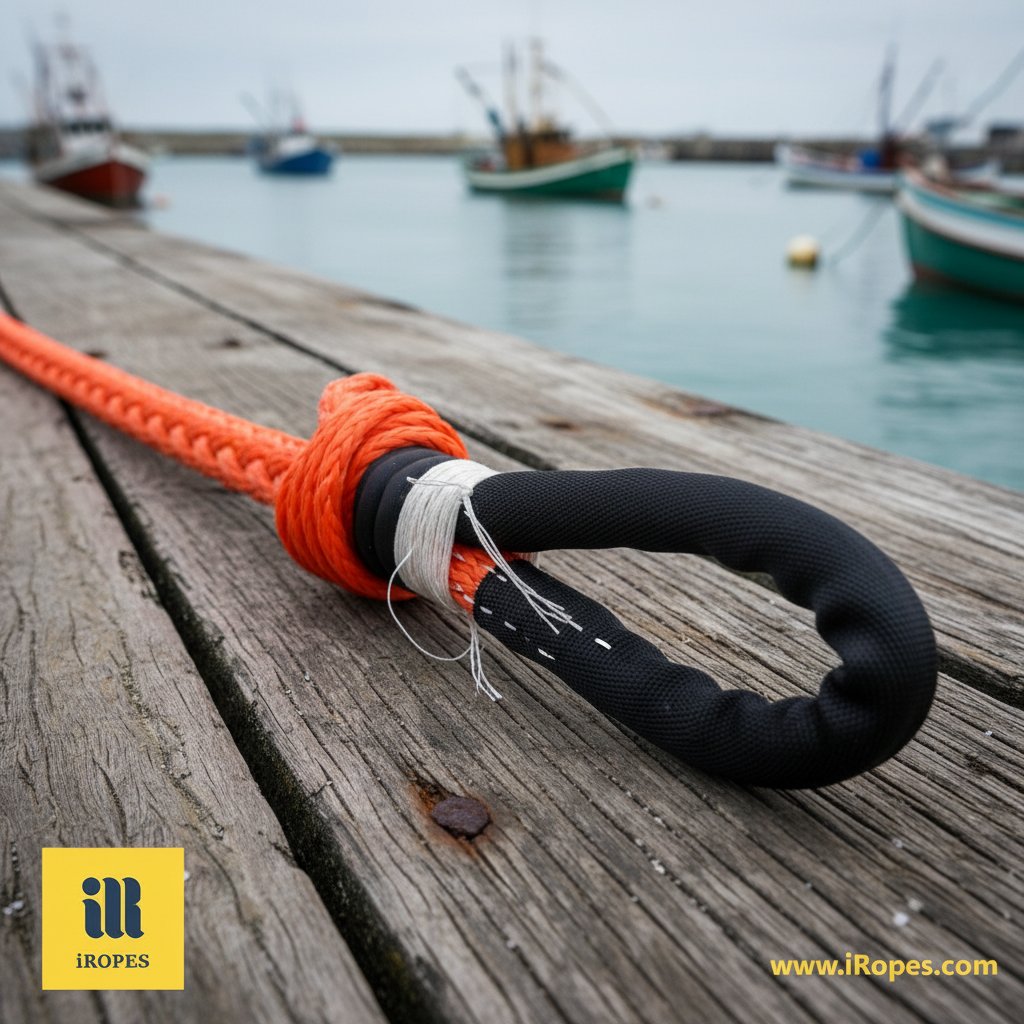 完成编接的特写，编织海洋绳索末端用缠鞭细绳固定，织沿可见锁针缝，背景是海水码头和船只，展示干净整合和抗环境磨损。