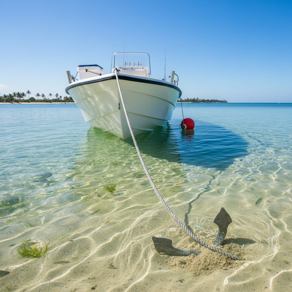 Weighted anchor rope with visible lead core deployed from a small boat into clear blue water, showing the sinking curve and anchor embedding in sandy seabed with minimal boat swing