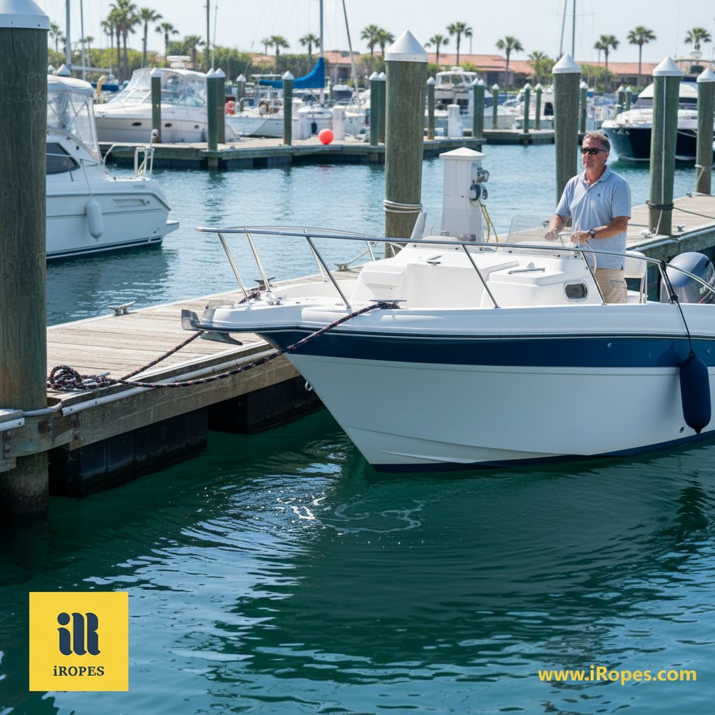 Diagram showing a boat approaching a dock with forward and aft spring lines attached to cleats, illustrating pivot points and propwash direction for controlled manoeuvring in tight spaces