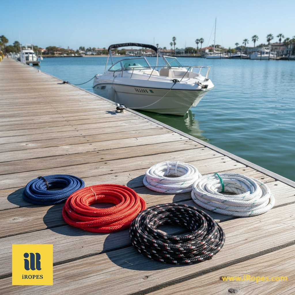 Coiled nylon dock line in various diameters displayed on a wooden dock with a boat in the background, highlighting colour options and UV-resistant braiding under sunlight