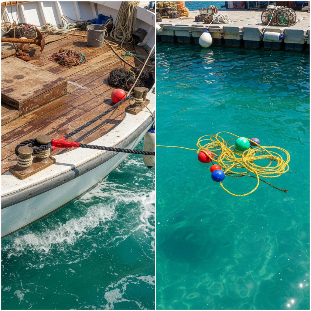 Split-view image showing nylon rope stretching under tension on a boat deck beside polypropylene rope floating in turquoise sea water with buoys nearby, under bright sunlight
