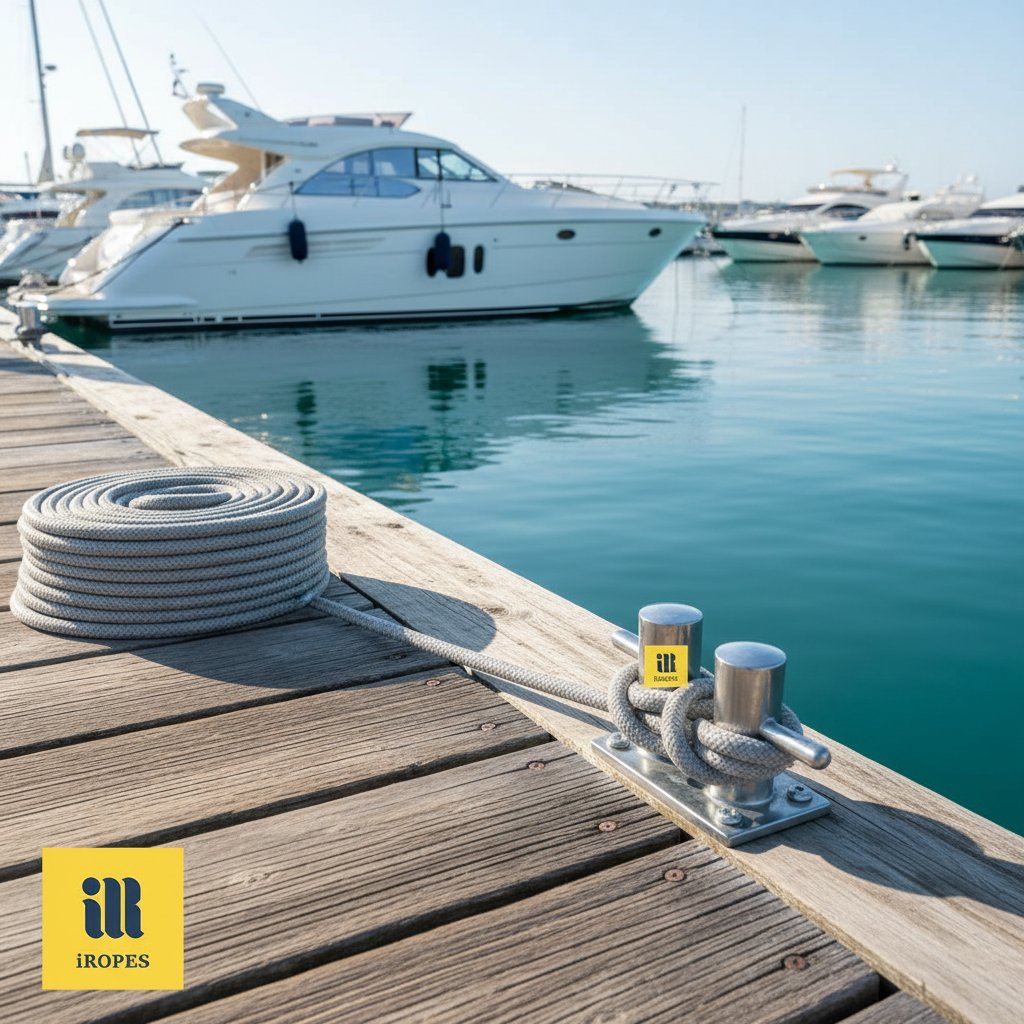 Coiled rope transitioning to an active dock line on a wooden pier, with a yacht in the background under clear skies, illustrating the shift from general storage to nautical use with visible knots and tension