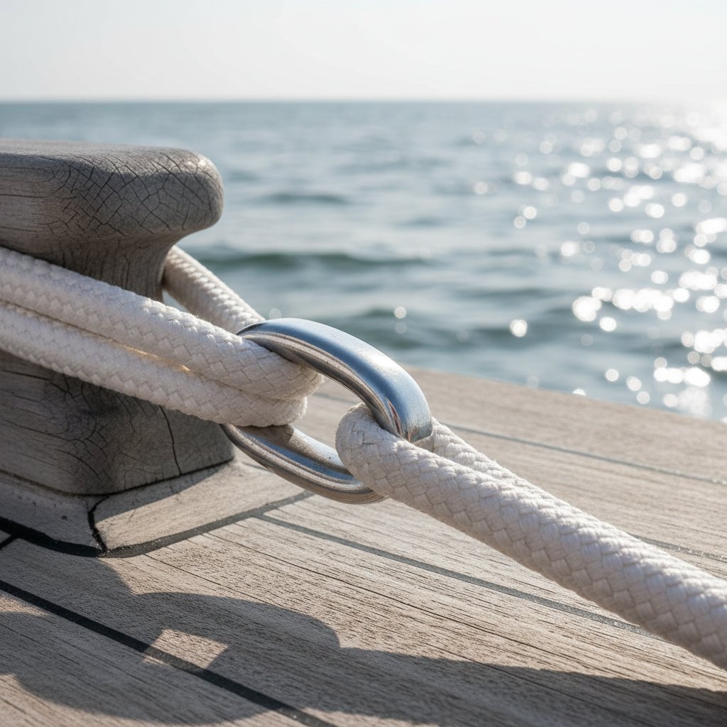 不锈钢航海锭子插入编结聚酯缆绳眼部的特写，展示沟槽如何保护游艇系泊缆绳免受摩擦，海浪背景