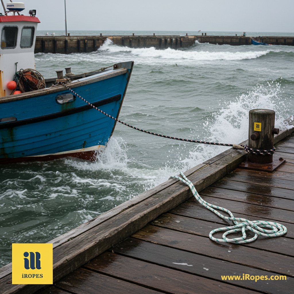 حبل رسو مرن ممدود بين قارب مرسو ورصيف وسط أمواج هائجة، يظهر التمدد تحت اندفاع المد مع أقل ضغط على المعدات