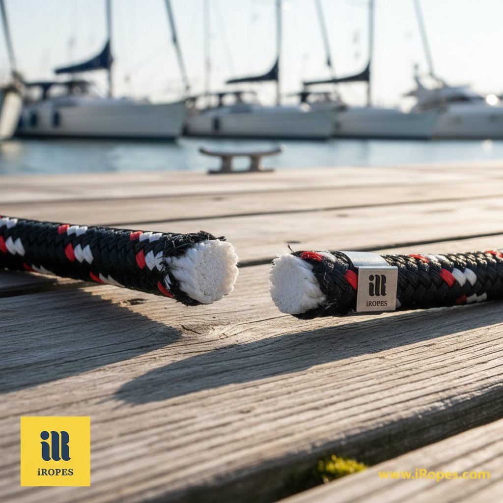 لقطة مقربة لمقطع عرضي لحبل مرساة مرن يكشف نواة النيون وغطاء خارجي واقٍ من الأشعة فوق البنفسجية والإجهاد في إعداد رصيف بحري