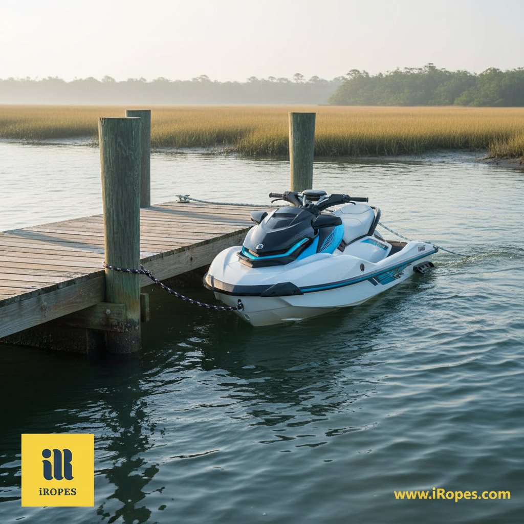 حبل مرساة مرن يُثَبِّتُ مركبة مائية شخصية إلى رصيف في مصب مد مع تمدُّد مرئي تحت الأمواج الواردة ومستويات مياه متغيرة