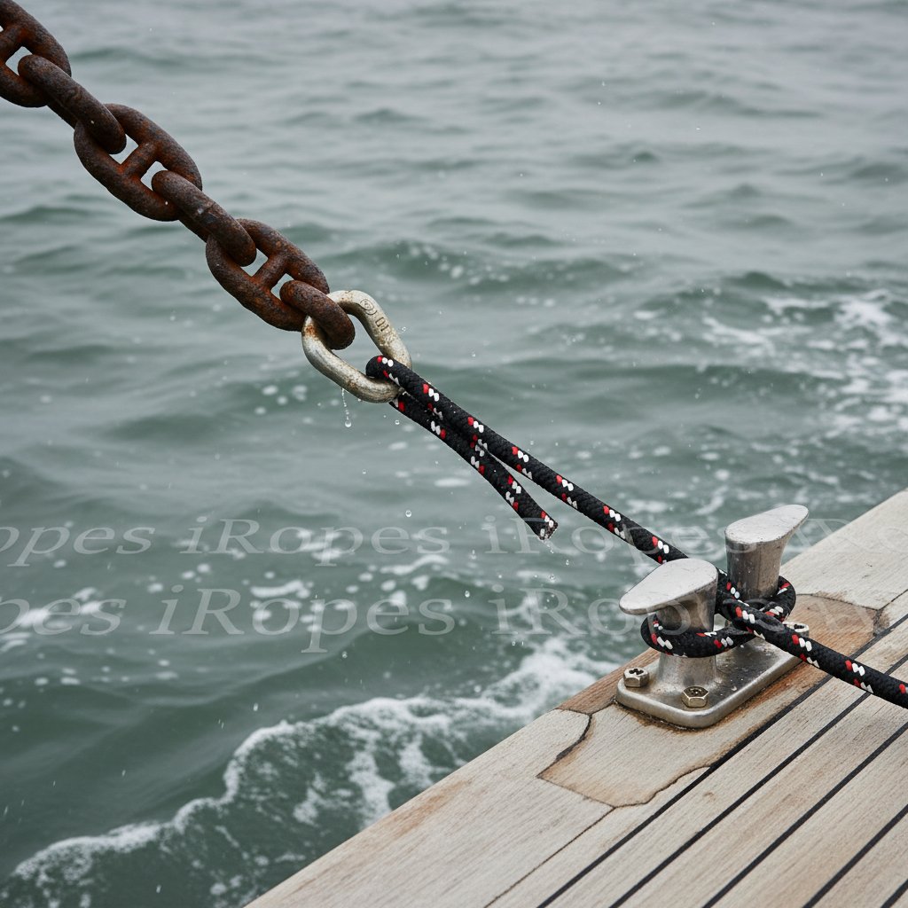 Close-up of a black anchor shock cord stretched between a boat cleat and anchor chain on choppy water, showing elasticity in action with waves lapping nearby