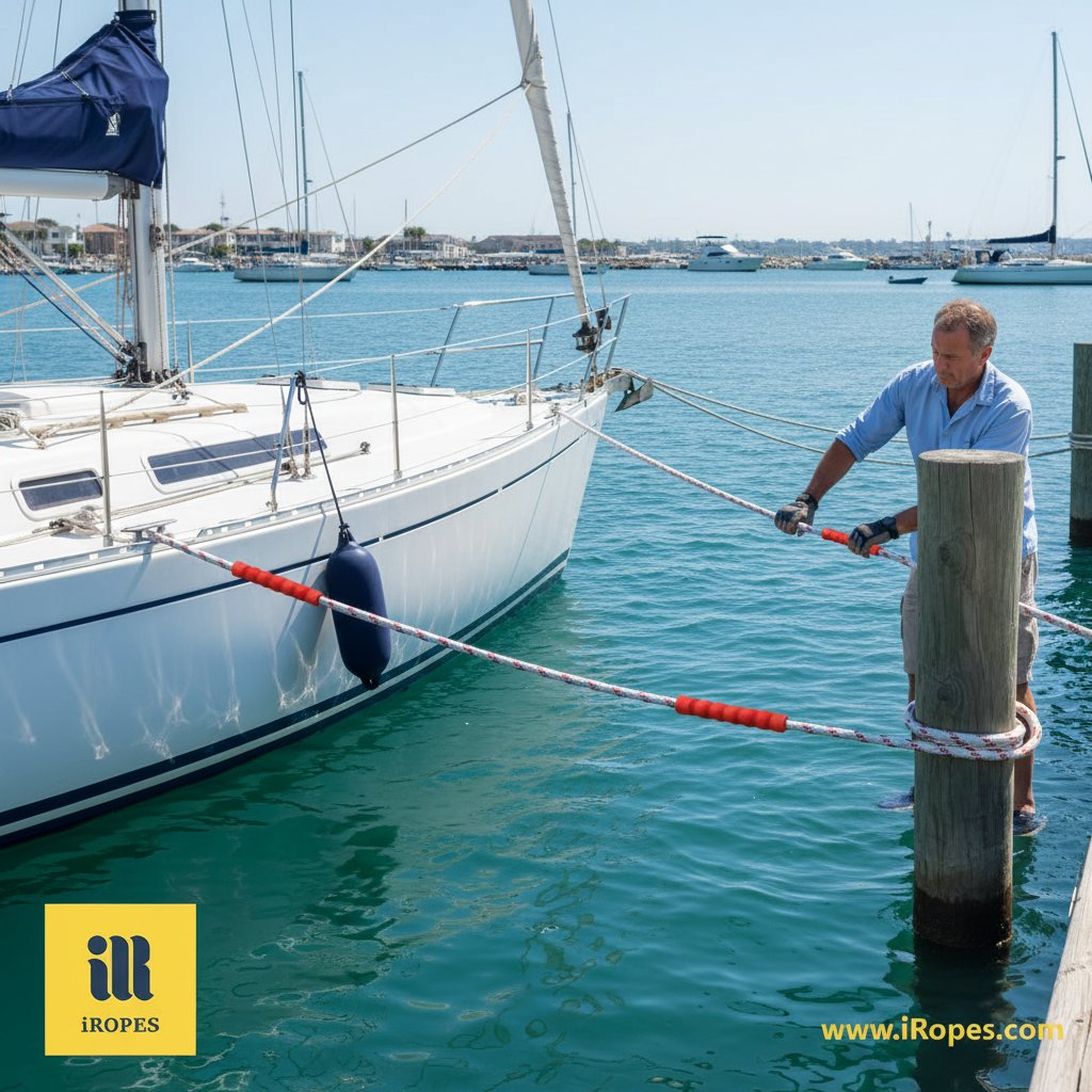 মারিনা ডকে একটা বোট সুরক্ষিত ক্লিটিংয়ের জন্য ইন্টিগ্রেটেড দড়ির হ্যান্ডেল সহ মুরিং লাইন দেখিয়ে, হালকা ঢেউ এবং কাঠের পাইলিংয়ের মধ্যে একজন নাবিক হ্যান্ডেল ধরে আকাশ পরিষ্কার