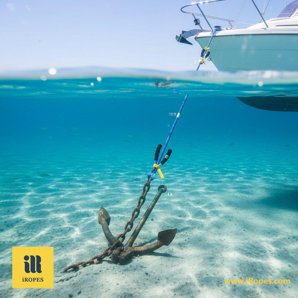 সম্পূর্ণ অ্যাঙ্কর রোড সিস্টেমের ডায়াগ্রাম দেখিয়ে অ্যাঙ্কর সমুদ্রতলে খুঁড়ে, সমতল চেইন যুক্ত, এবং স্প্লাইস থিম্বল সংযোগ সহ প্রসারিত নাইলন দড়ি শান্ত নীল জলে নৌকার বোতের দিকে উঠছে রোদেলা আকাশের নিচে গভীরতার চিহ্ন সহ