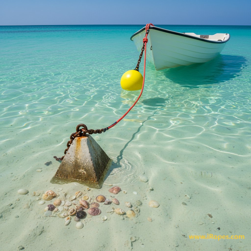 小艇繫泊特寫，輕量金字塔錨置於沙床，短鏈連到黃色球形浮標浮在淺藍綠水面，附近綁著小型船隻，天空晴朗。